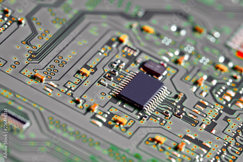 Electronic circuit board close up.