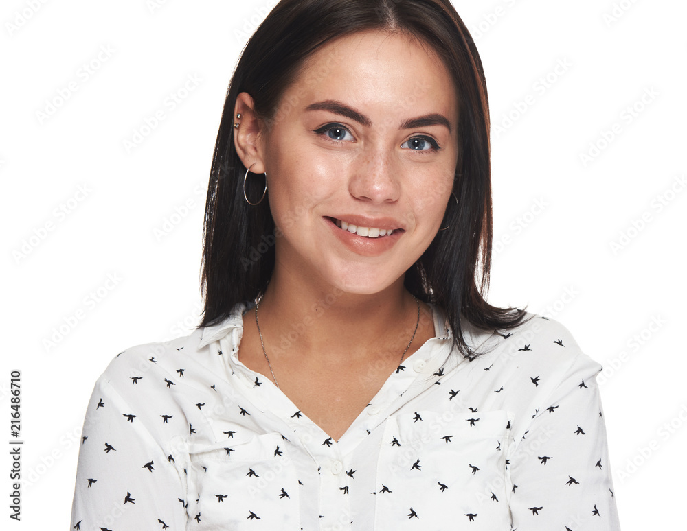 Joyful pretty young student wearing earrings Joyful pretty young student wearing earrings