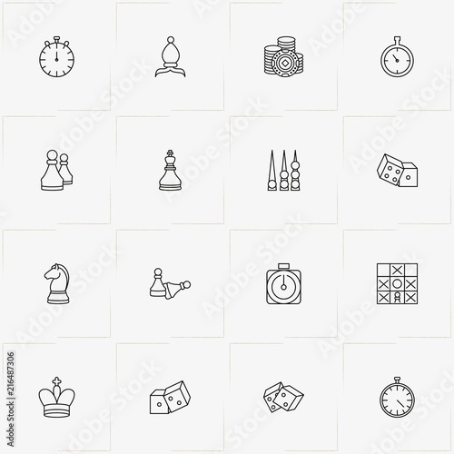 Chess & Backgammon line icon set with stopwatch, chess elephant  and chess pawns