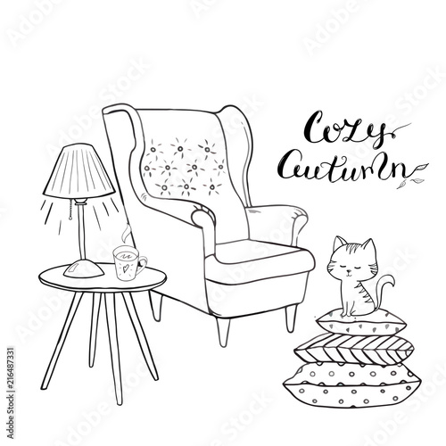 Cozy room, tea time Vector outlined set. Cozy home things like tea, cat, chair, pillows, books, apple pie and other Danish happiness concept