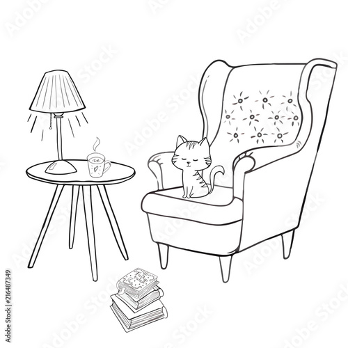 Cozy room, tea time Vector outlined set. Cozy home things like tea, cat, chair, pillows, books, apple pie and other Danish happiness concept