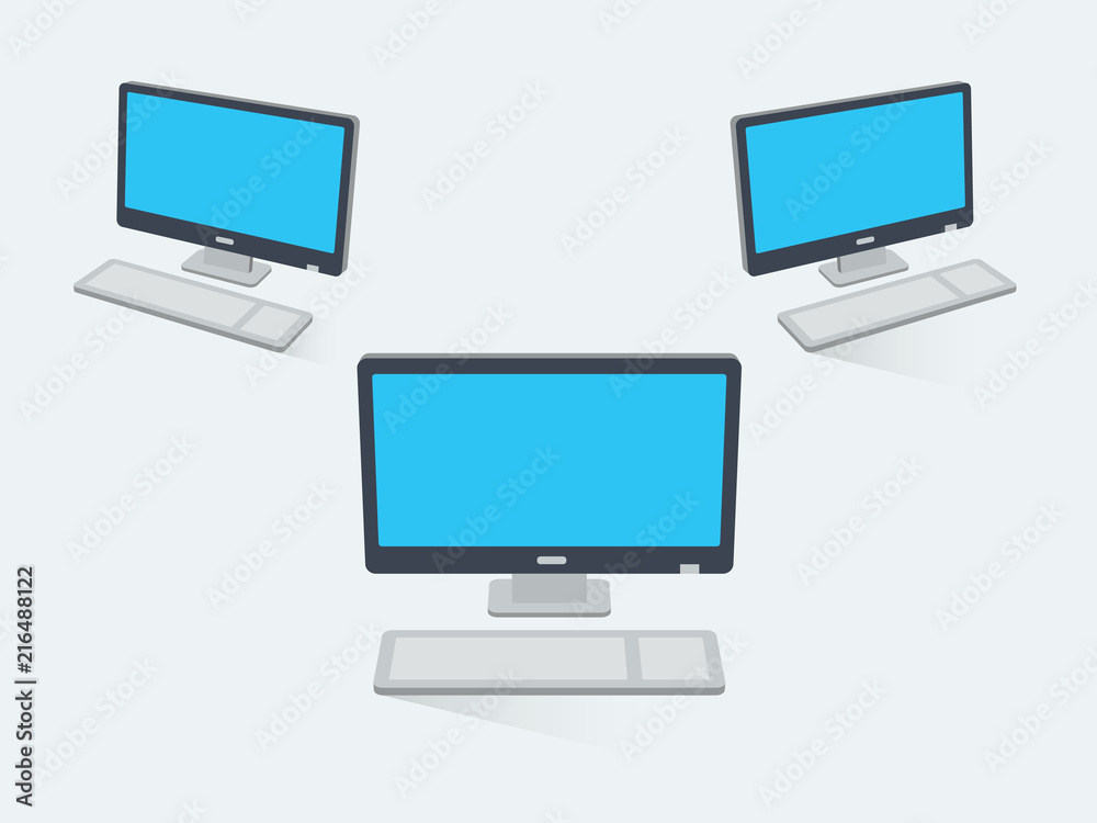 3D flat desktop computer with blank screens and transparent shadows, isolated on light background. Easy to use for your website or presentation. 3D flat desktop computer with blank screens and transparent shadows, isolated on light background. Easy to use for your website or presentation.