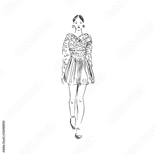 Glamorous fashion model in short skirt,  blouse walking, front view, hand drawn ink doodle, sketch, outline black and white vector fashion illustration