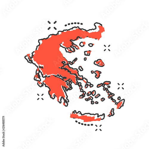 Vector cartoon Greece map icon in comic style. Greece sign illustration pictogram. Cartography map business splash effect concept.