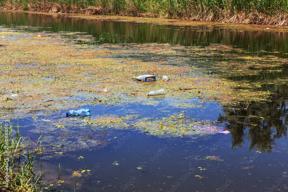 Dirty sewage and household rubbish in small river, irrigation channel ...