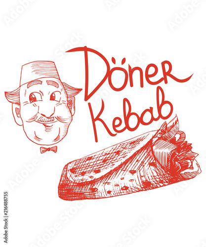 Doner Kebab pencil drawn vector illustration: turkish chef with fez on and doner kebab or shawarma.