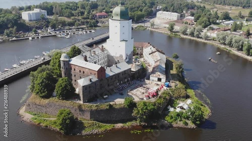 Aerial Establishing Pull out shot of Vyborg castle during the day