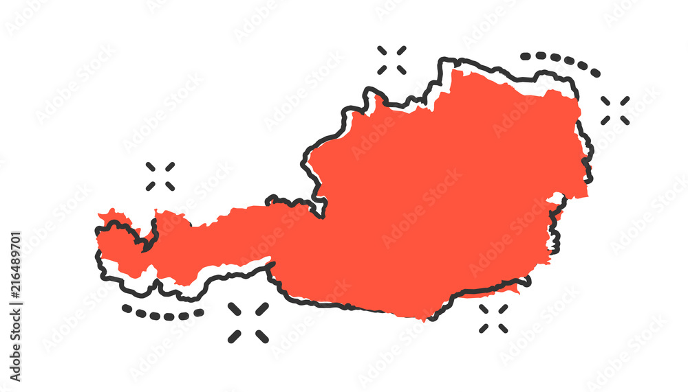 Vector cartoon Austria map icon in comic style. Austria sign illustration pictogram. Cartography map business splash effect concept. Vector cartoon Austria map icon in comic style. Austria sign illustration pictogram. Cartography map business splash effect concept.