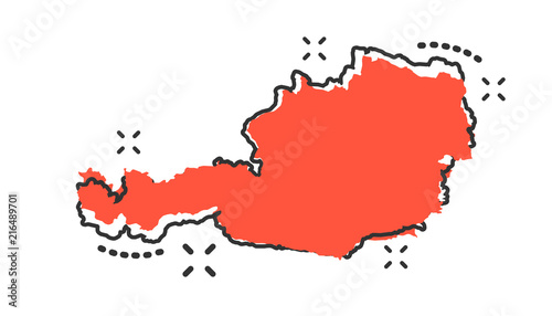 Vector cartoon Austria map icon in comic style. Austria sign illustration pictogram. Cartography map business splash effect concept.