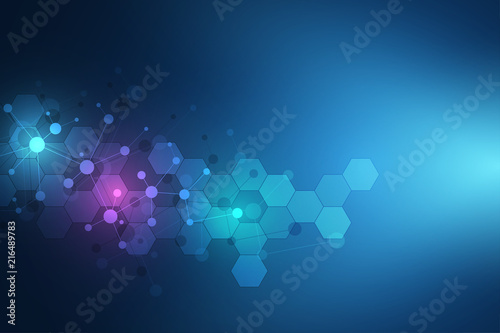 Molecular structure background and communication. Abstract background from molecule DNA. Medical, science and digital technology concept with connected lines and dots. photo