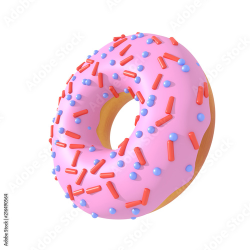 Pink glazed donut with sprinkles. 3d rendering.