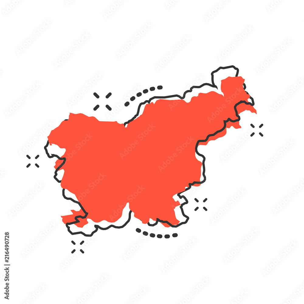 Obraz premium Vector cartoon Slovenia map icon in comic style. Slovenia sign illustration pictogram. Cartography map business splash effect concept.