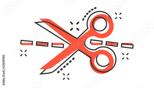 Vector cartoon scissors icon in comic style. Scissor sign illustration pictogram. Shear business splash effect concept.