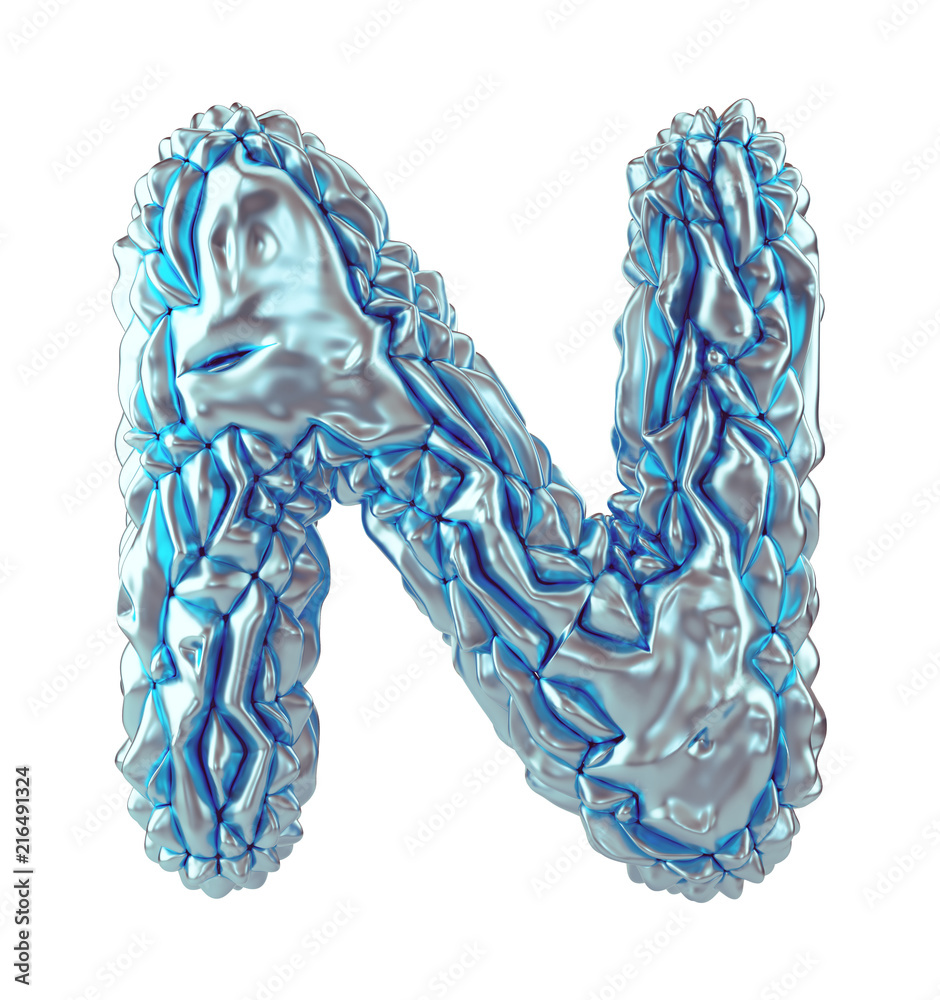 Capital latin letter N made of crumpled silver and blue foil isolated on white background. 3d