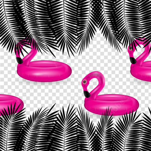 Inflatable circle for swimming and relaxing pink flamingos with palm leaves. ...