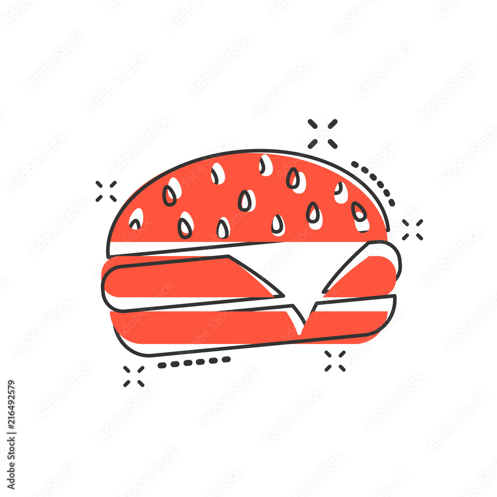 Vector cartoon burger fast food icon in comic style. Hamburger sign illustration pictogram. Burger business splash effect concept. Vector cartoon burger fast food icon in comic style. Hamburger sign illustration pictogram. Burger business splash effect concept.