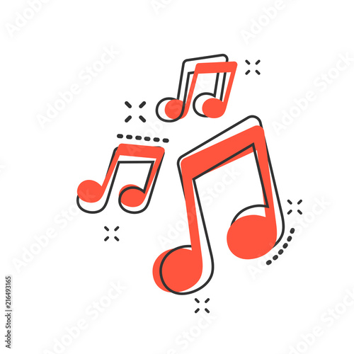 Vector cartoon music icon in comic style. Sound note sign illustration pictogram. Melody music business splash effect concept.