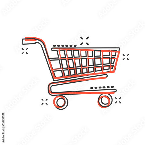 Vector cartoon shopping cart icon in comic style. Shop bag sign illustration pictogram. Mall business splash effect concept.