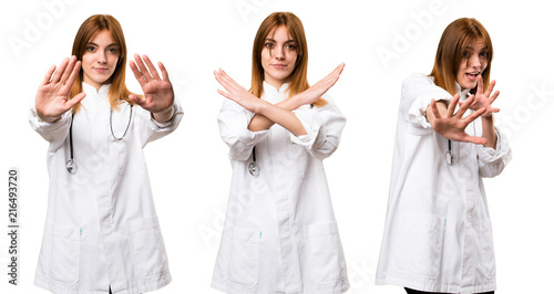 Set of Young doctor woman making NO gesture
