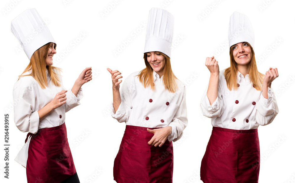 Set of Beautiful chef woman making guitar gesture and lucky sign Set of Beautiful chef woman making guitar gesture and lucky sign