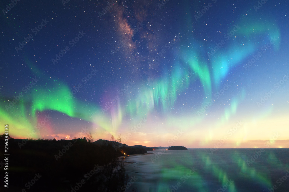Milkyway with beautiful aurora Borealis. soft focus and noise due to long expose and high iso.