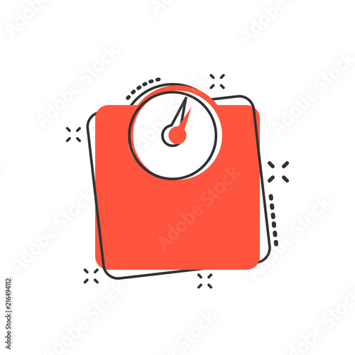 Vector cartoon bathroom scale weigher icon in comic style. Weigher sign illustration pictogram. Balance business splash effect concept.