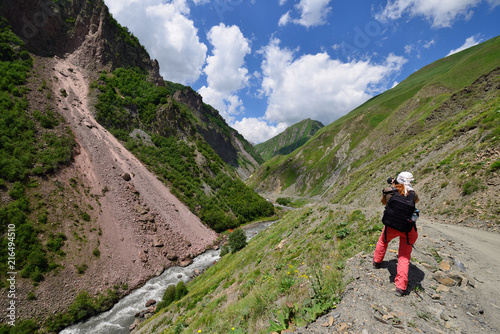 Beautiful Truso Gorge near the Kazbegi city in the mountains of the Caucasus, Geprgia photo