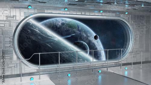 Fototapeta Naklejka Na Ścianę i Meble -  White tech spaceship round window interior background 3D rendering