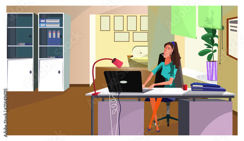 Helpdesk operator answering call vector illustration. Positive female manager in headset talking to customer in office. Office administrator concept