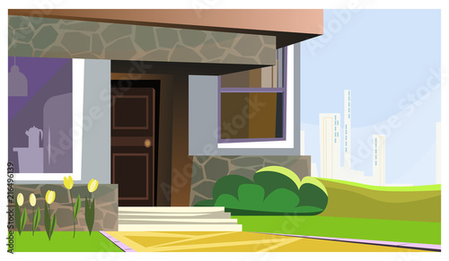 House decorated with flowers and bush vector illustration. Modern stoned building with small porch. Home concept