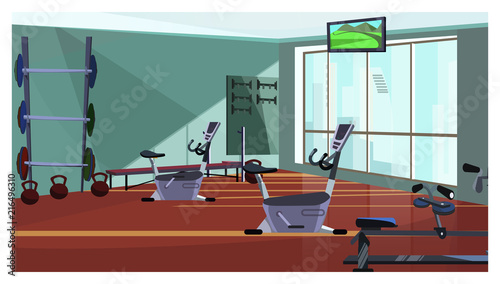 Modern health club with spinning equipment vector illustration. Gym with fitness equipment and weights, television set hanging on ceiling. Body conscious concept