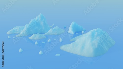 Low poly landscape. Icebergs and ice in the sea. 3D rendering.