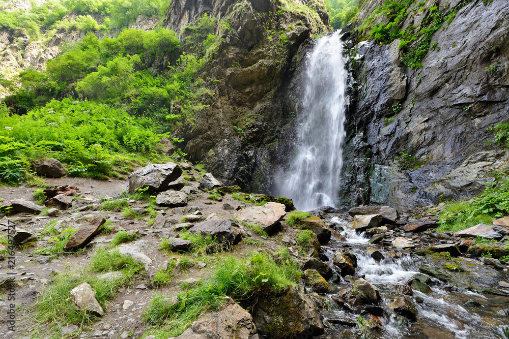 Gveleti Small Waterfalls being in a Dariali Gorge near the Kazbegi city in the mountains of the Caucasus, Geprgia
