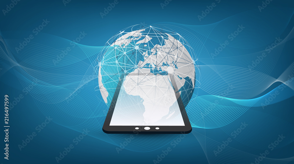 Futuristic Bright Global Technology, Networking and Cloud Computing Design Concept with Earth Globe and Tablet PC - Digital Network Connections, Technology Background Futuristic Bright Global Technology, Networking and Cloud Computing Design Concept with Earth Globe and Tablet PC - Digital Network Connections, Technology Background