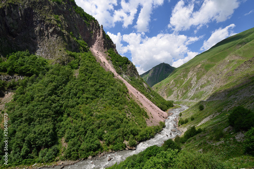 Beautiful Truso Gorge near the Kazbegi city in the mountains of the Caucasus, Geprgia photo