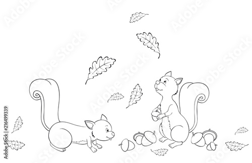 cute squirrels collecting acorns between oak leaves coloring page 