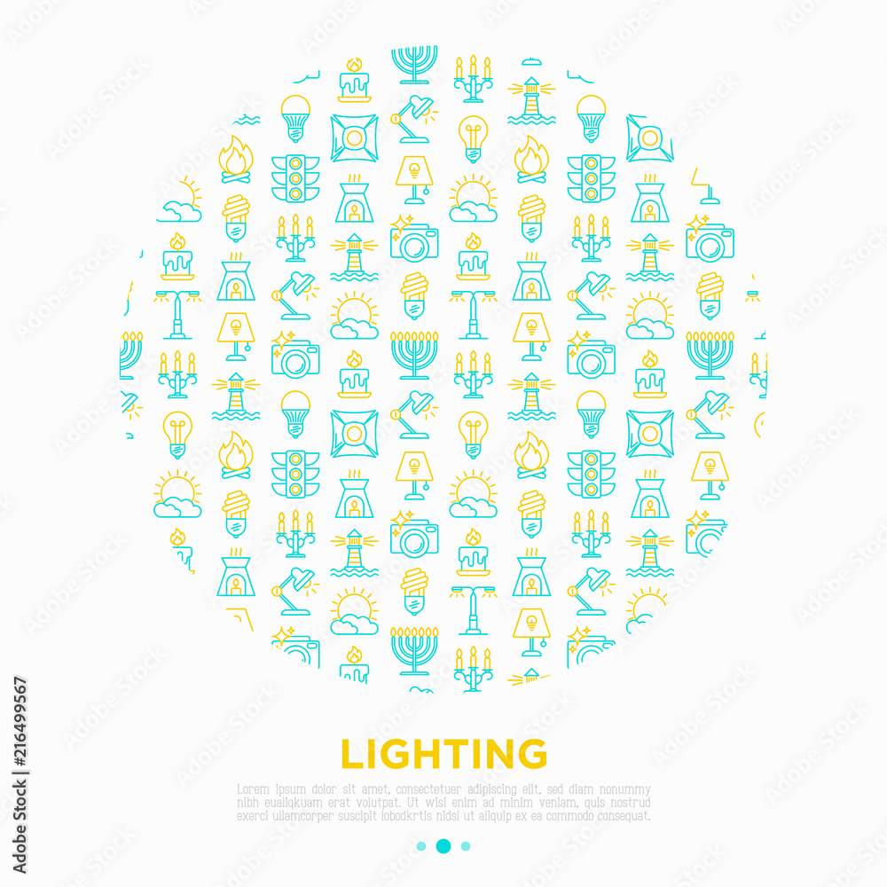Lighting concept in circle with thin line icons: bulb, LED, CFL, candle, table lamp, sunlight, spotlight, flash, candelabrum, bonfire, menorah, lighthouse, night aroma lamp. Modern vector illustration