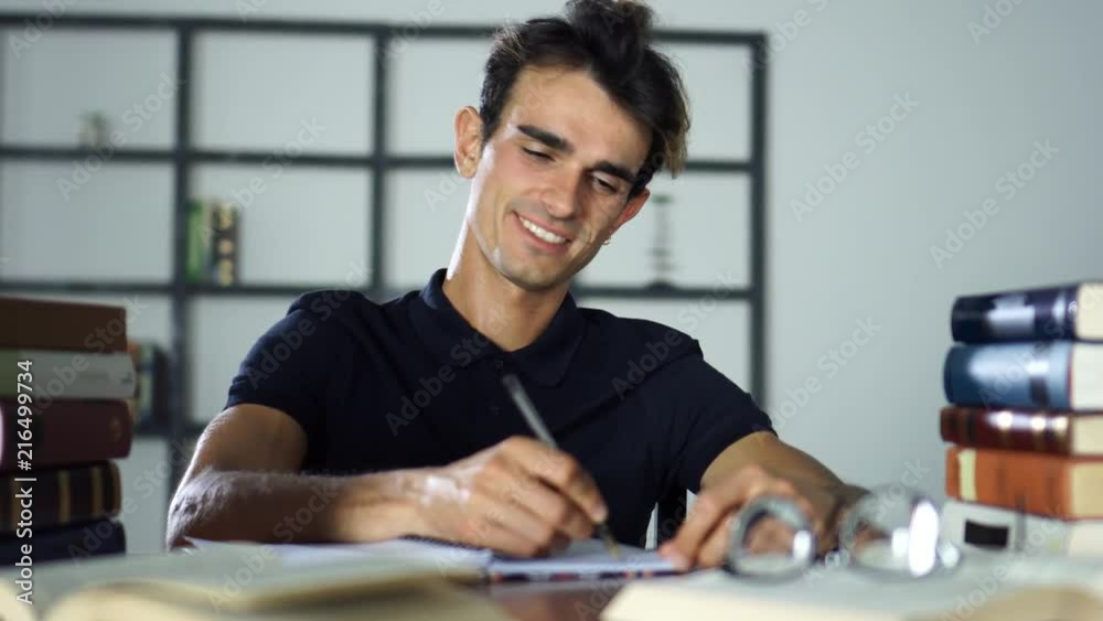 Happy Student Studying At Home, Homeschool, Homework, Writing Essay Happy Student Studying At Home, Homeschool, Homework, Writing Essay