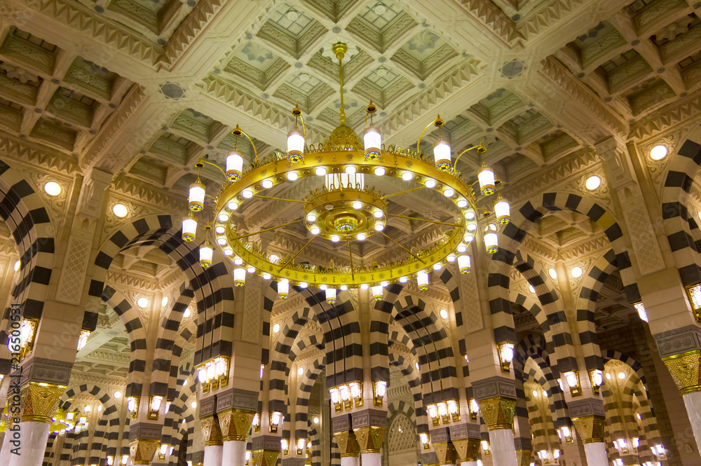Interior of Masjid (mosque) Nabawi in Al Madinah, S. Arabia. Nabawi mosque is the 2nd holiest mosque in Islam.