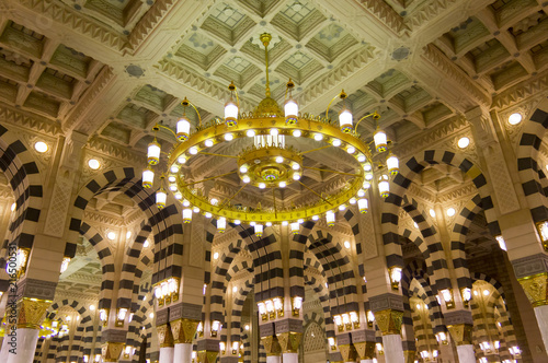 Interior of Masjid (mosque) Nabawi in Al Madinah, S. Arabia. Nabawi mosque is the 2nd holiest mosque in Islam.