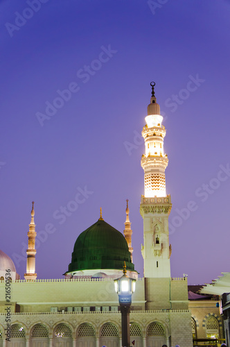 Masjid Al Nabawi or Nabawi Mosque (Mosque of the Prophet) at sunrise in Medina (City of Lights), Saudi Arabia.Nabawi mosque is Islam's second holiest mosque after Haram Mosque (in Mecca, Saudi Arabia)