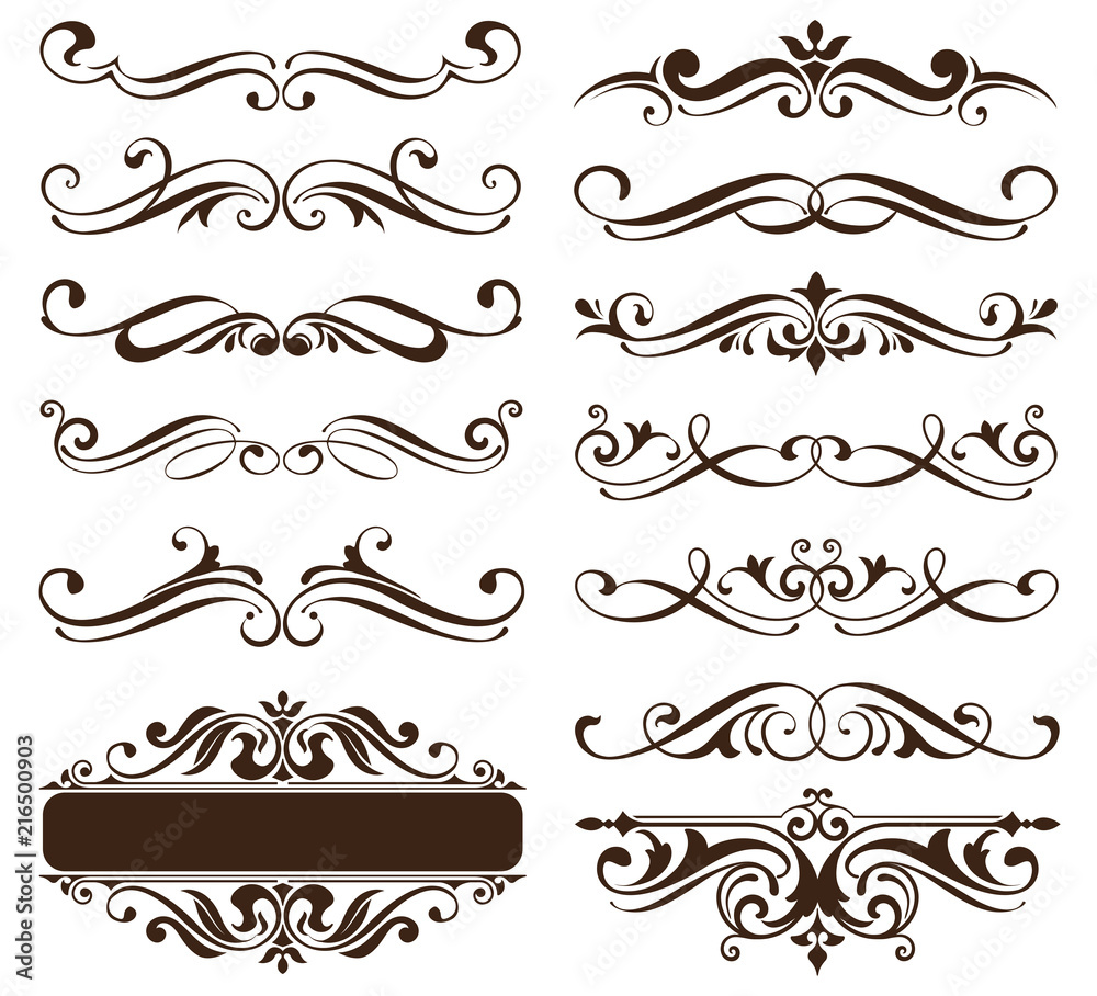 Vintage ornaments design elements floral curlicues white background curbs frame corners stickers illustration