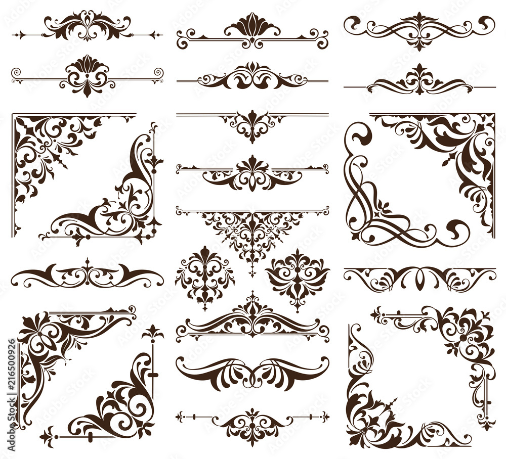 Vintage ornaments design elements floral curlicues white background curbs frame corners stickers illustration