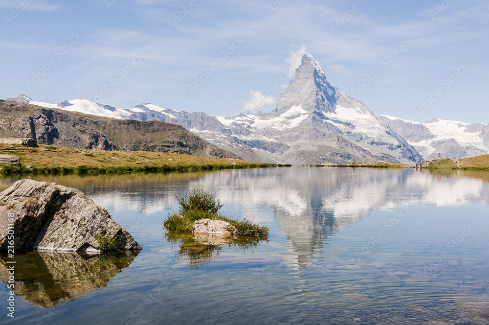 Zermatt, Stellisee, Alpen, Matterhorn, Bergsee, Wallis, Walliser Berge, Wanderweg, Blauherd, Sunnegga, Spiegelung, Sommer, Schweiz