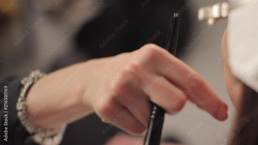 Close-Up of Professional Makeup Artist's Hand with Brush doing Make up on a Model Close-Up of Professional Makeup Artist's Hand with Brush doing Make up on a Model