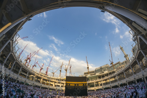 WIde angle view of Muslim pilgrims circumambulate the Kaaba counter-clockwise at Masjidil Haram in Makkah, Saudi Arabia.