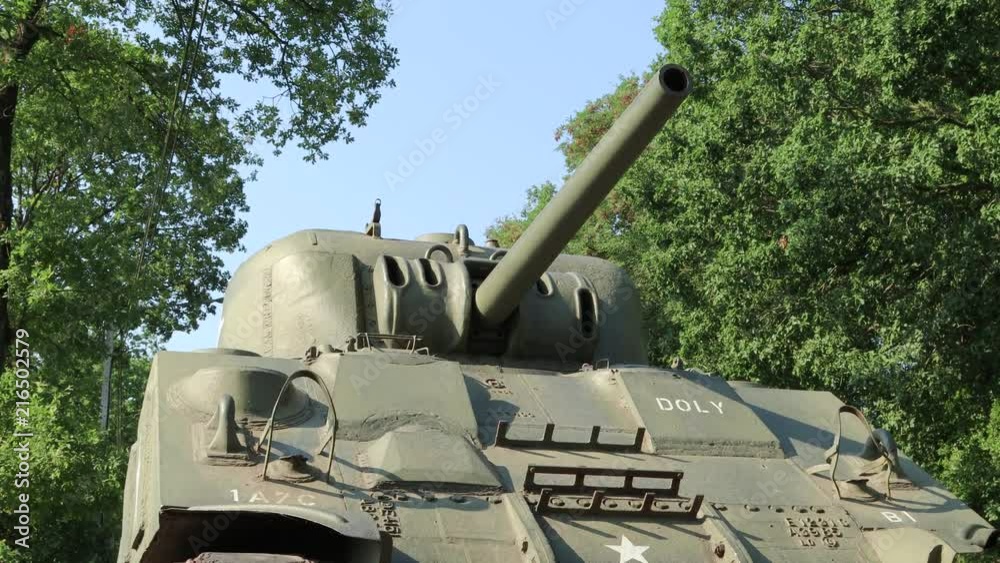 The Doly Sherman tank along the Meuse river, Hermeton, Belgium. Close up The Doly Sherman tank along the Meuse river, Hermeton, Belgium. Close up