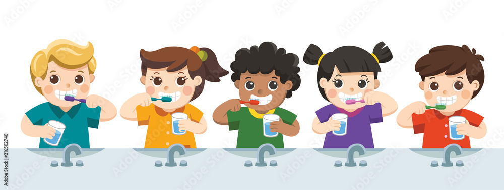 Happy Kids Holding Toothbrush and Glass of Water Brushing their Teeth. Happy Kids Holding Toothbrush and Glass of Water Brushing their Teeth.