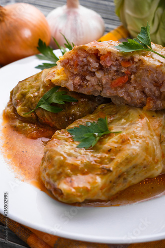 cabbage rolls on a wooden gray rustic background