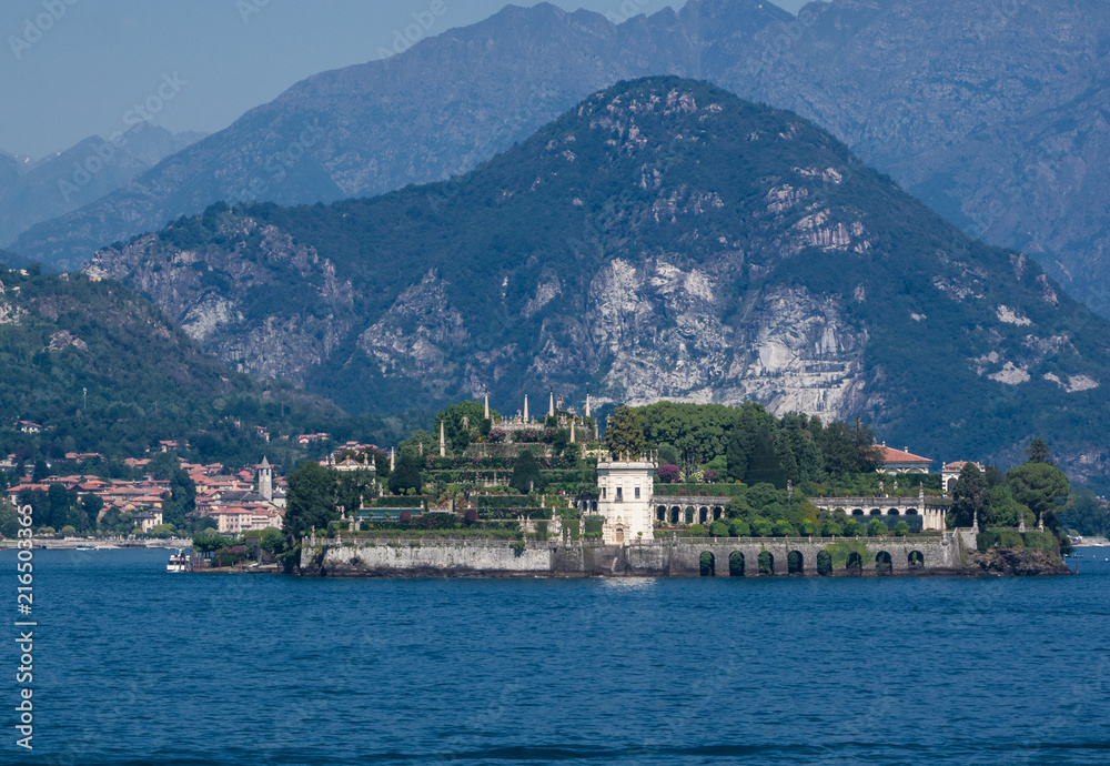 the beautiful flower gardens of the island Bella surrounded by high mountains. Lake Maggiore, Italy.